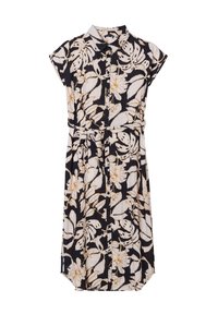Robe florale en bleu marine foncé, ornée de motifs botaniques blancs et dorés, avec des manches courtes, un col, un devant boutonné et une ceinture à la taille.