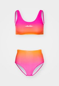 Dvojdielny bikiny set s prechodom farieb od ružovej po oranžovú, vyrobený z elastického materiálu. Vrchný diel má široké ramienka a logo, spodný diel ponúka vysoký pás.