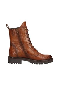 Braune Leder-Stiefeletten mit Krokodilleder-Textur, Schnürung an der Vorderseite, Reißverschluss an der Seite und grober, profilierten Sohle. Inklusive Ziehschlaufe für einfaches Anziehen.