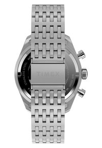 Montre Timex en acier inoxydable avec un design de bracelet tressé, un boîtier octogonal, un cadran noir, des sous-cadrans chronographe et des accents polies.