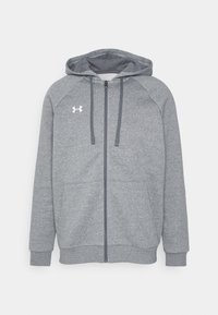 Sweat à capuche gris zippé avec cordon de serrage, poches avant et petit logo blanc Under Armour sur la poitrine.