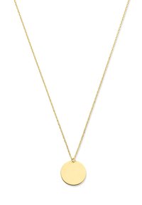 Collier en or avec une fine chaîne torsadée et un pendentif rond et lisse. Le pendentif présente une surface polie et un petit trou pour l'attache.