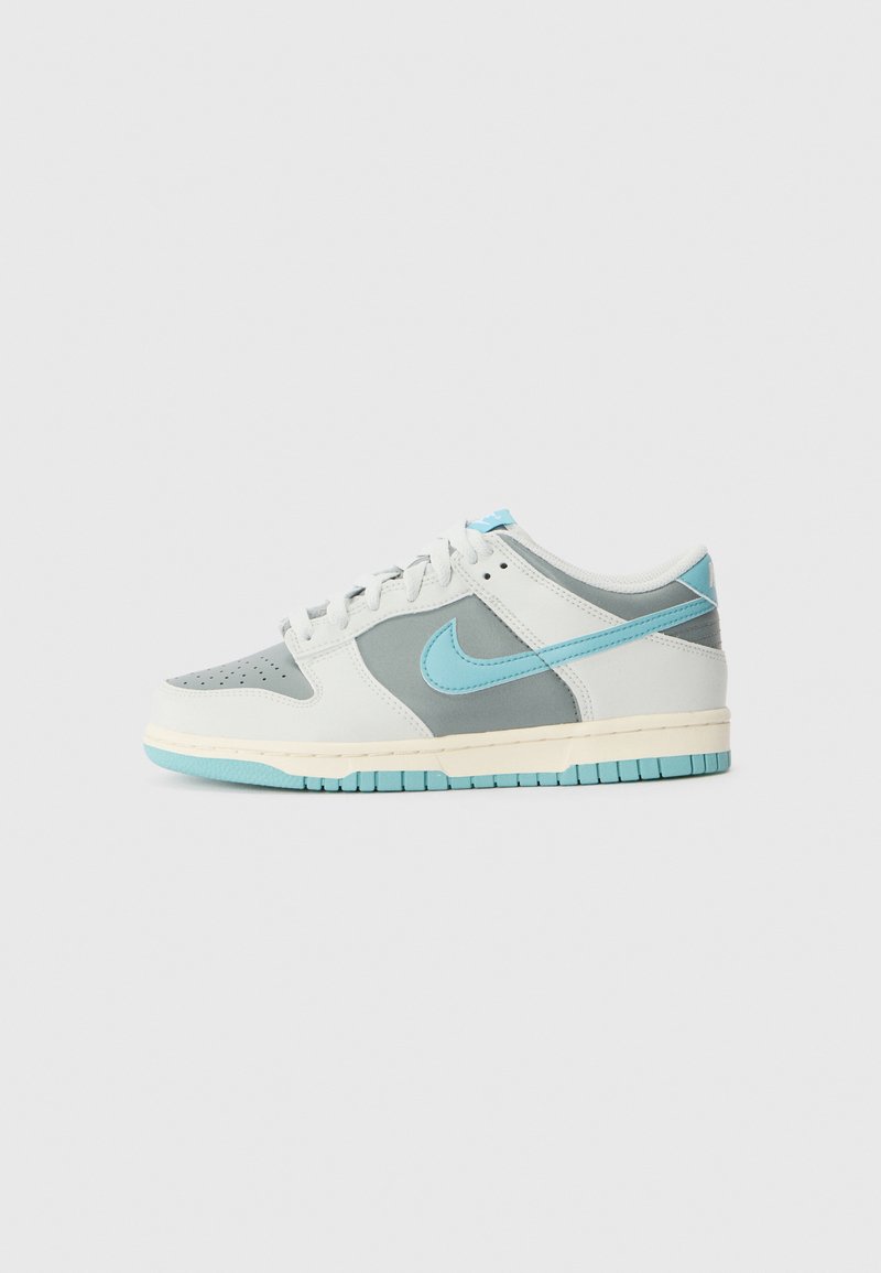 Scarpe Nike con una tomaia in pelle bianca e grigia, dettagli in azzurro chiaro, punta tonda, collare imbottito e suola in gomma testurizzata.