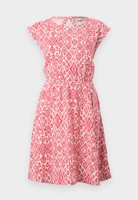 Red and white patterned dress made of lightweight fabric, featuring a round neckline, short sleeves, an elastic waist, and a flared skirt.
