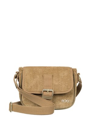 Petit sac bandoulière en velours côtelé marron avec une sangle en tissu réglable et une fermeture à boucle à l'avant, marqué d'un petit logo "ROXY".