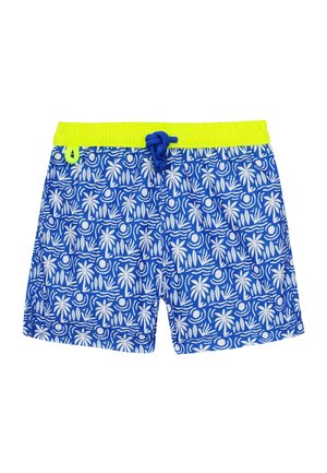 Short de bain bleu avec motifs blancs de palmiers tropicaux et de soleil, taille jaune fluo et cordon bleu à l'avant.
