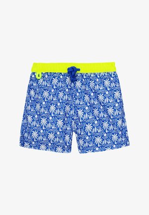 Short de bain bleu avec motifs blancs de palmiers tropicaux et de soleil, taille jaune fluo et cordon bleu à l'avant.