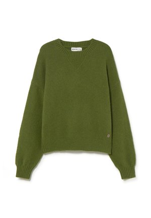 Jersey de punto verde con escote en V, puños y dobladillo acanalados. Presenta un ajuste holgado y un pequeño logo en la parte inferior izquierda.