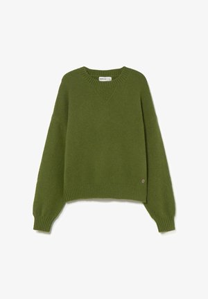 Green knitted sweater with a V-neck, ribbed cuffs, and hem. Features a relaxed fit and a small logo accent on the lower left side.