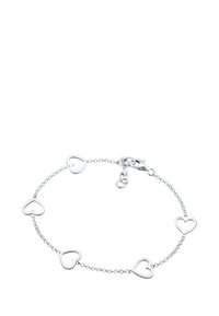 Silverarmband med fem öppna hjärtformer länkade av en delikat kedja, fäst med en hummerklips.