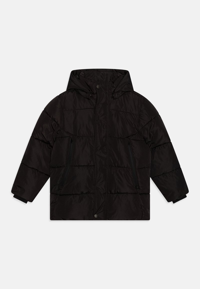 Μαύρο μπουφάν τύπου puffer με κουκούλα, με φερμουάρ στις πλευρικές τσέπες, κεντημένο σχέδιο και ελαστικούς καρπούς για επιπλέον ζεστασιά.