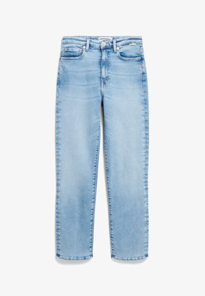 Helle blaue Denim-Jeans im Straight-Leg-Design, fünf Taschen und dezente Waschungen. Mit einem Metallknopf und Reißverschluss.