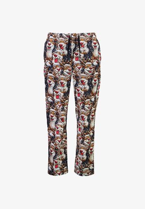 MSRP natbukser med et all-over print af tegneserie-rensdyr på en sort baggrund, med en snoreliv og løs pasform.