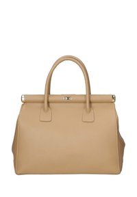 Beige läderhandväska med en strukturerad form, två korta handtag och ett lås på toppen. Har synliga sömmar och accenter i guldton.