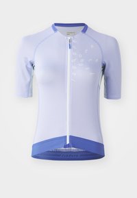 Kortermet sykkeltrøye i lys lilla, med halv-zip foran, mesh-struktur og mørkere lilla detaljer ved kanten og kragen.