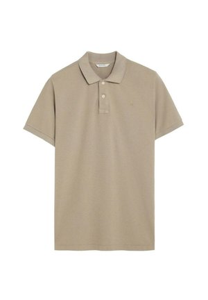 Beige polo shirt made of soft fabric, featuring a classic collar, two-button placket, and short sleeves. Small logo on the chest.