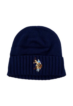 Sötétkék kötött sapka bordás szegéllyel, a szegélyen hímzett íjászt ábrázoló dizájnnal.