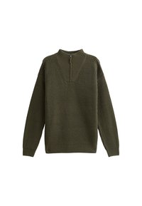 Olijfgroen, geribbeld sweatshirt met een hoge kraag en een korte ritssluiting. Bevat een textuurpatroon en valt soepel door de verlaagde schouders voor een ontspannen pasvorm.