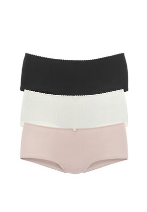 Set of three hipster briefs in black, white, and light pink ribbed fabric, featuring a scalloped waistband and button detail.