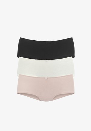 Set of three hipster briefs in black, white, and light pink ribbed fabric, featuring a scalloped waistband and button detail.