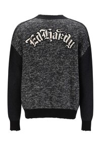 Černý a šedý pletený svetr s kulatým výstřihem, s roztrhaným lemem a logem "Ed Hardy" v kontrastní bílé na zadn�í straně.