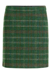 Vihreä ruudullinen hame, joka on valmistettu villasekoitteisesta kankaasta, ulottuu keskireiden korkeudelle. Kuviossa on ruskeita ja sinisiä sävyjä sekä takana piilotettu vetoketju.