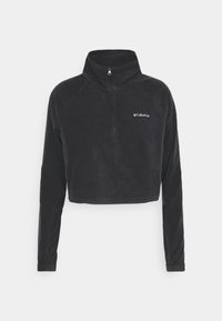 Schwarzer, kurz geschnittener Fleecepullover mit Stehkragen, Halbreißverschluss und langen Ärmeln. Verfügt über ein kleines weißes Logo auf der Brust.