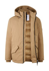 Beige Steppjacke mit abnehmbarer Kapuze, frontalem Reißverschluss, elastischen Bündchen und Seitentasche. Innenausstattung mit gepolsterter Fütterung für Isolation.