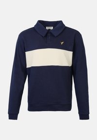 Navy blue long-sleeve polo shirt with a wide white horizontal stripe across the chest and a small yellow bird logo on the left side.