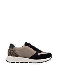 Sneakers featuring a beige fabric upper, black accents, and a leopard print design on the heel. White sole with textured grip.