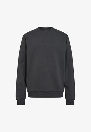 Dark gray sweatshirt made of cotton blend, featuring a crew neck, ribbed cuffs, and subtle embossed branding at the front.
