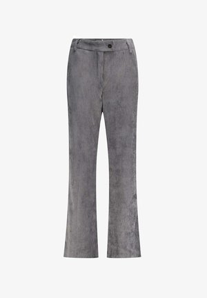 Pantalon évasé en velours côtelé gris avec une surface texturée, doté d'une fermeture à bouton et de poches avant plates. Motif de côtes verticales visible.