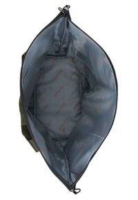 Grüne Stofftasche mit Reißverschluss, ausgestattet mit einem weichen grauen Innenfutter, das mit dem Markenlogo in Rot bedruckt ist. Das Innere ist geräumig und glatt.