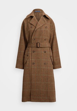 Brunternet trenchcoat lavet af tekstureret stof, med dobbeltbrystet design, bred krave, bælte i taljen og sideskåede lommer.