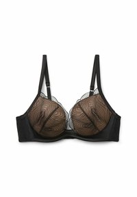 Black bra with semi-sheer, wave-patterned lace cups and smooth fabric band. Adjustable straps and lace trim along the edges.