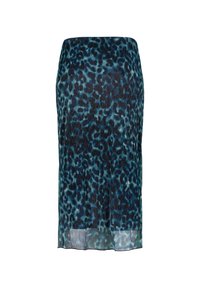 Jupe crayon à imprimé léopard en nuances de bleu et noir, en tissu léger texturé avec un ourlet légèrement transparent.