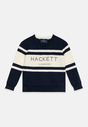 Pull à rayures bleu marine et blanc à manches longues, avec le texte « HACKETT LONDON » sur la poitrine, col rond et poignets en côtes.