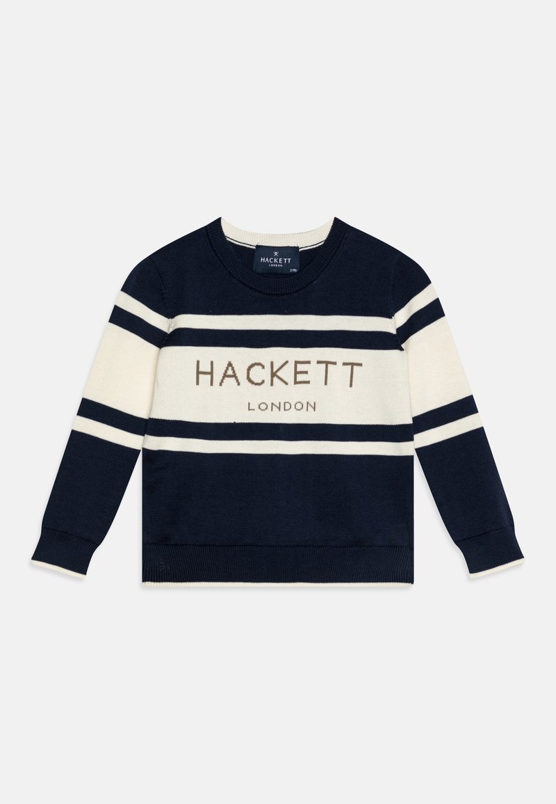Pull à rayures bleu marine et blanc à manches longues, avec le texte « HACKETT LONDON » sur la poitrine, col rond et poignets en côtes.