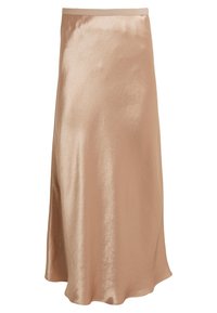 Sukienka midi z satynowego materiału w delikatnym beżowym kolorze, o gładkiej fakturze, z prostym, lekko rozszerzającym się krojem i elastycznym paskiem w talii.