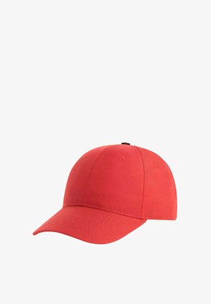 Red baseball cap with curved brim and ventilation eyelets on a white background.