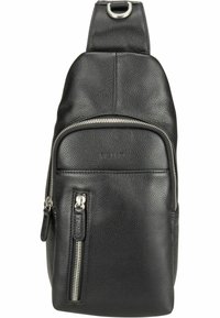Sac en cuir noir à bandoulière avec une finition texturée, une sangle réglable, une poche zippée à l'avant et des accents de logo embossés.