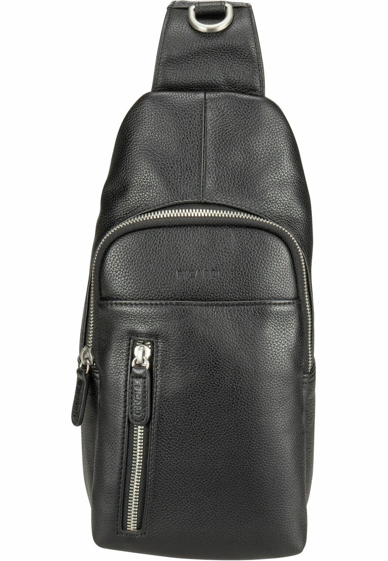 Sac en cuir noir à bandoulière avec une finition texturée, une sangle réglable, une poche zippée à l'avant et des accents de logo embossés.