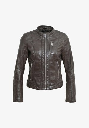 Braune Lederjacke mit Stehkragen, Reißverschluss vorne und zwei Seitentaschen. Verfügt über horizontale Steppnähte an den Ärmeln.