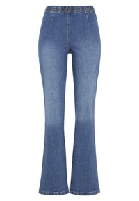 Ljust blå denimflares med elastisk midja, två framfickor och en urtvättad finish. Mjuk textur med stickade sömmar.