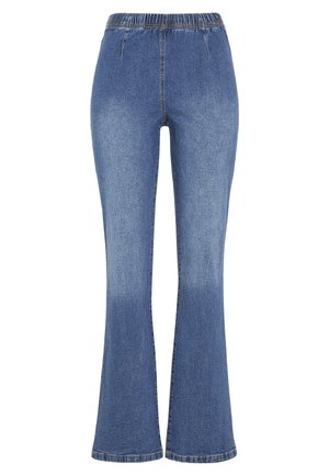 Hellblaue Jeans im Schlagstil mit elastischem Bund, zwei vorderen Taschen und einem ausgewaschenen Finish. Weiche Textur mit genähten Nähten.