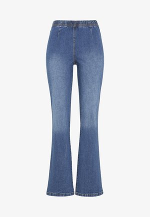 Hellblaue Jeans im Schlagstil mit elastischem Bund, zwei vorderen Taschen und einem ausgewaschenen Finish. Weiche Textur mit genähten Nähten.