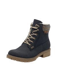 Bottes chelsea bleu foncé avec un revers en tricot texturé, des lacets beiges et une semelle en caoutchouc épaisse. Présente une étiquette de marque sur le côté.