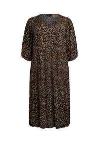 Klänning med leopardmönster, korta puffärmar, V-ringning, tillverkad av lätt tyg, med lös passform och knälång fåll.