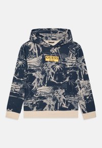 Granatowa bluza z kapturem w wzór palm i kremowymi akcentami. Posiada przednią naszywkę z logo, kaptur ze sznurkiem oraz ściągacze na mankietach i na dole.