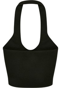 Schwarzes, geripptes Crop-Top mit einem breiten, abgerundeten Ausschnitt und Halterträgern. Der strukturierte Stoff verleiht dem schlanken Design Tiefe.